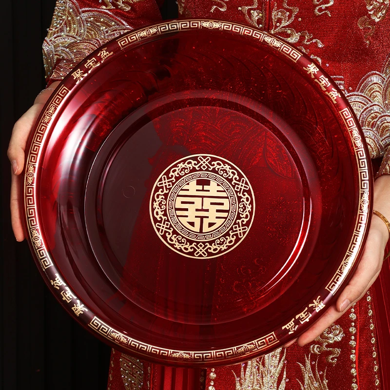 结婚红盆塑料女方陪嫁嫁妆喜庆洗脸喜盆红色透明脸盆一对婚礼用品