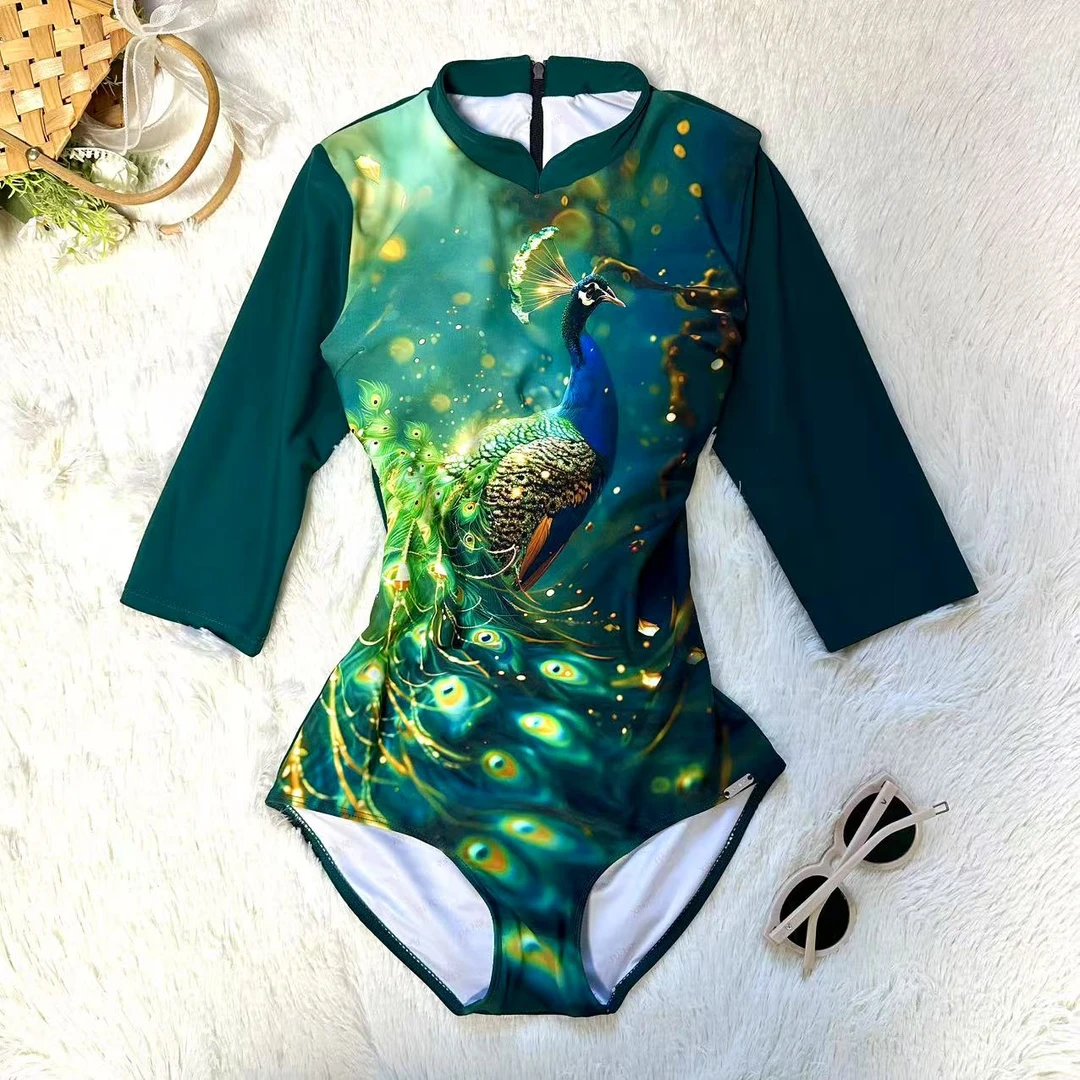 新宇新品/旗袍孔雀长袖三角修身显瘦竞速款连体泳衣