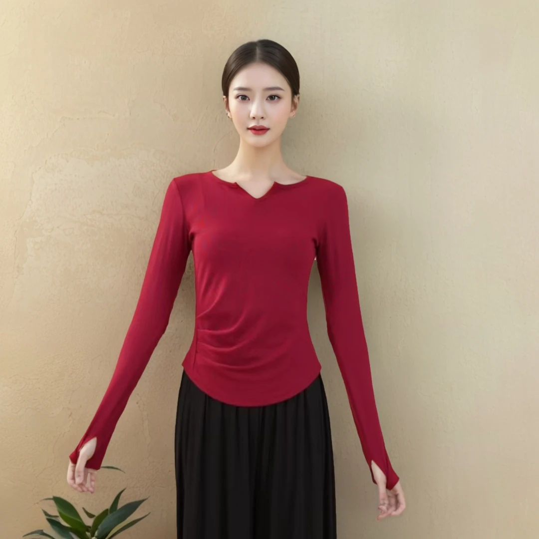 23056新款日常瑜伽V领上衣形体训练舞蹈练功服