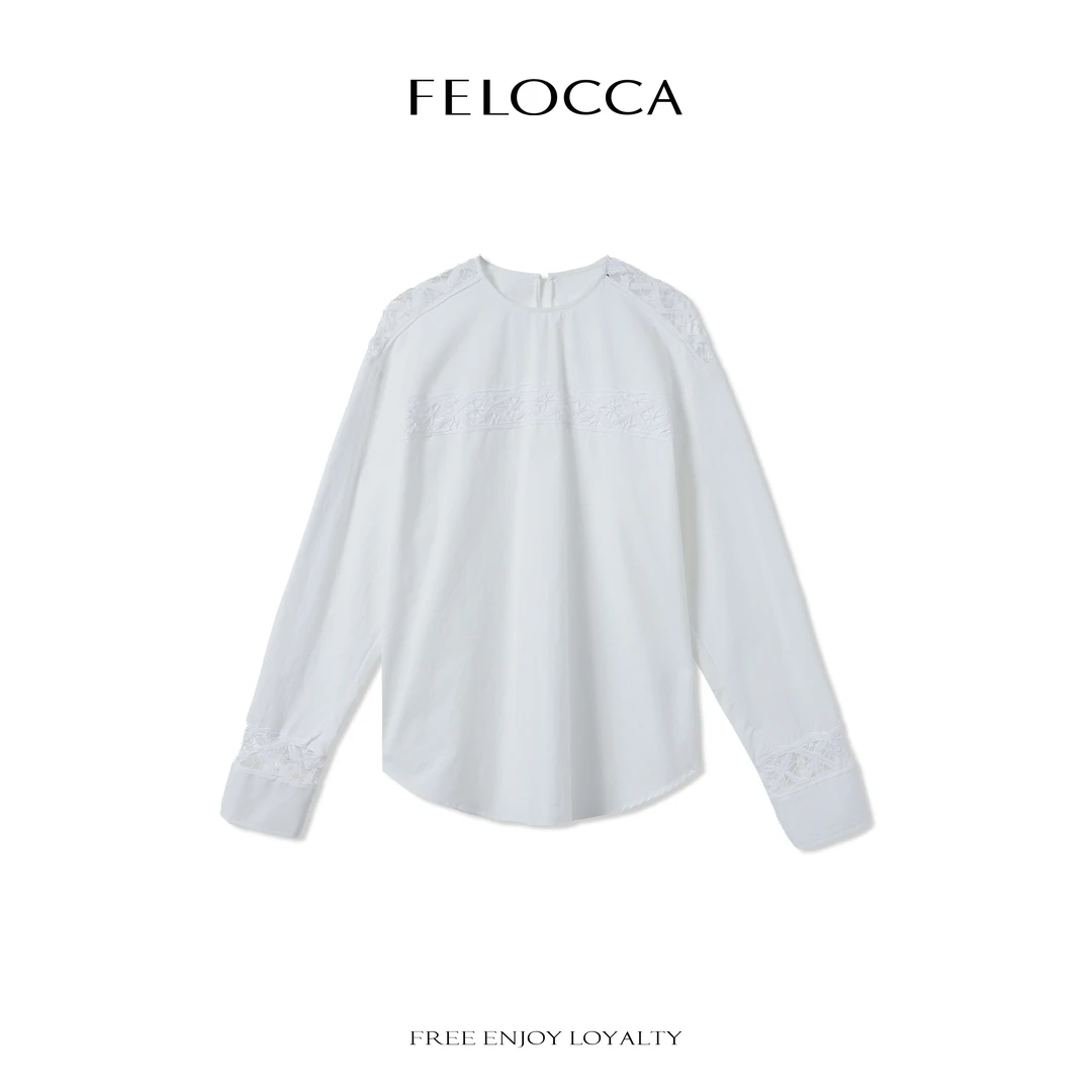NO退NO换【FELOCCA】圆领拼接长袖衬衣宽松显瘦镂空花边CC2658