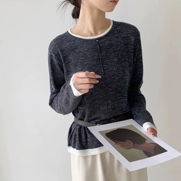 亚麻针织衫2025春季韩版百搭显瘦长袖套头撞色假两件打底T恤9888