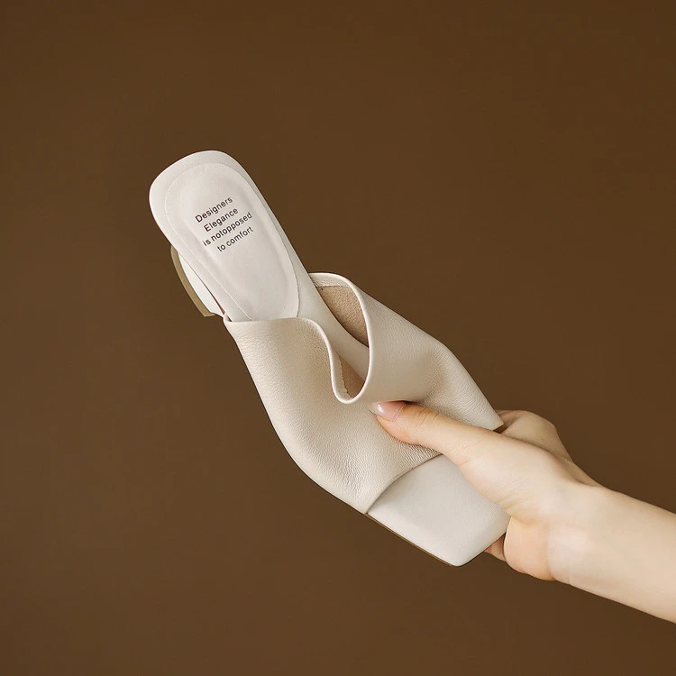 复古时尚方头异型跟一字拖凉拖鞋女2025夏季新款舒适简约米白黑色