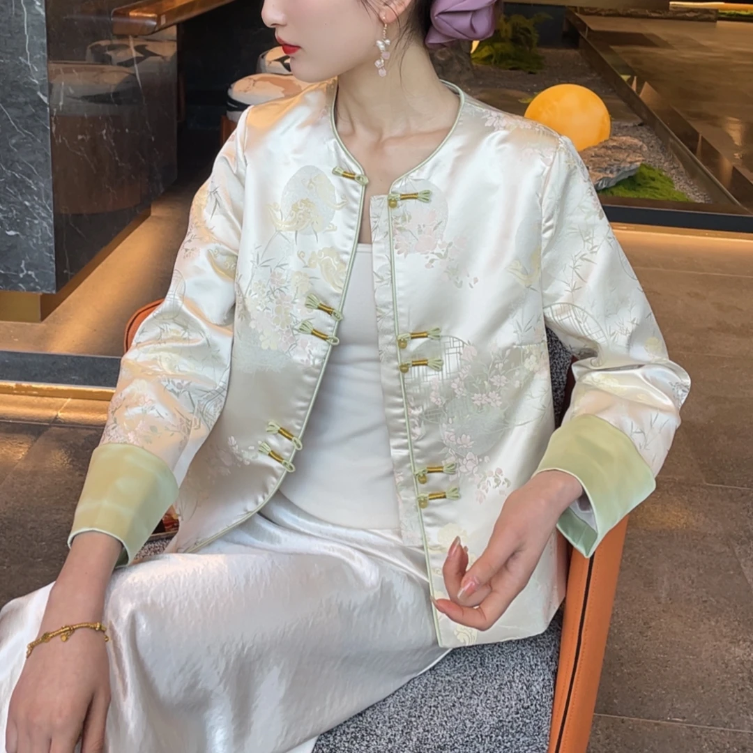 【清芳】2025新款春季新中式上衣宽松复古国风提花圆领女装气质外套