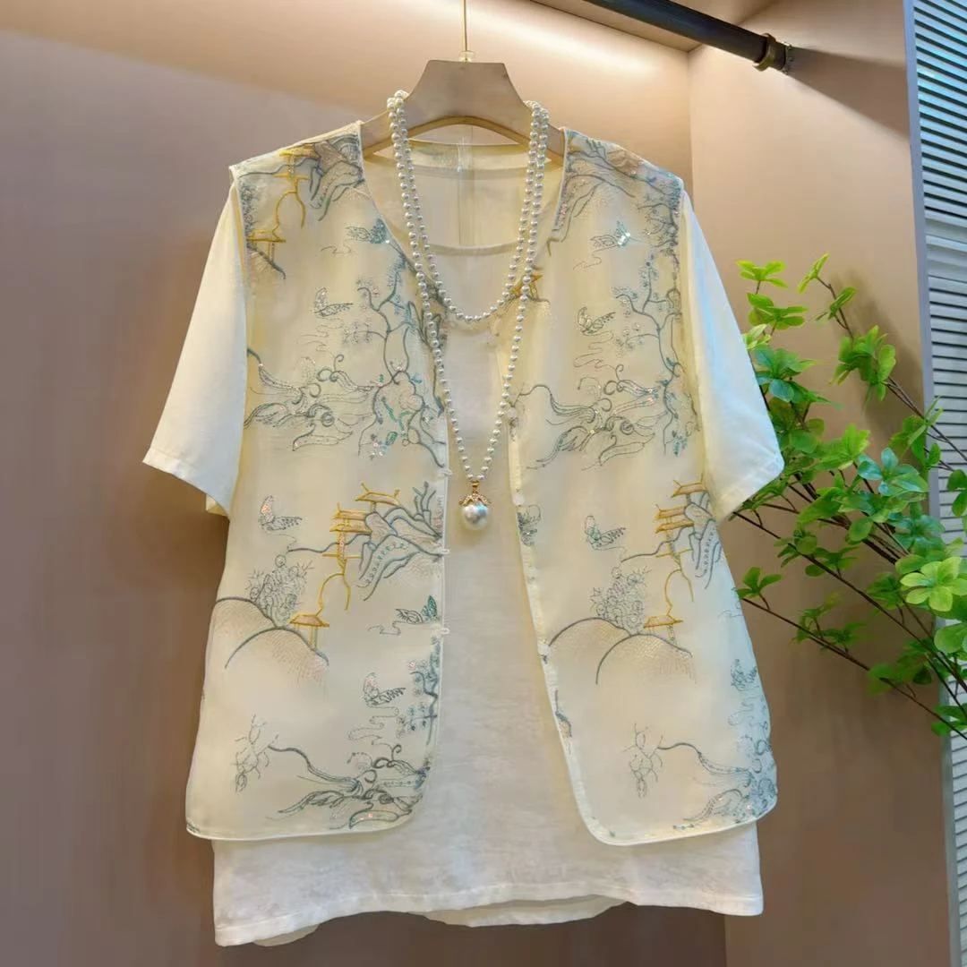 2025春夏新款大码新中式复古刺绣中国风盘扣马甲两件套