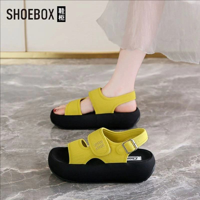 SHOEBOX鞋柜厚底运动凉鞋女2025夏外穿黄色罗马凉拖绝美沙滩鞋