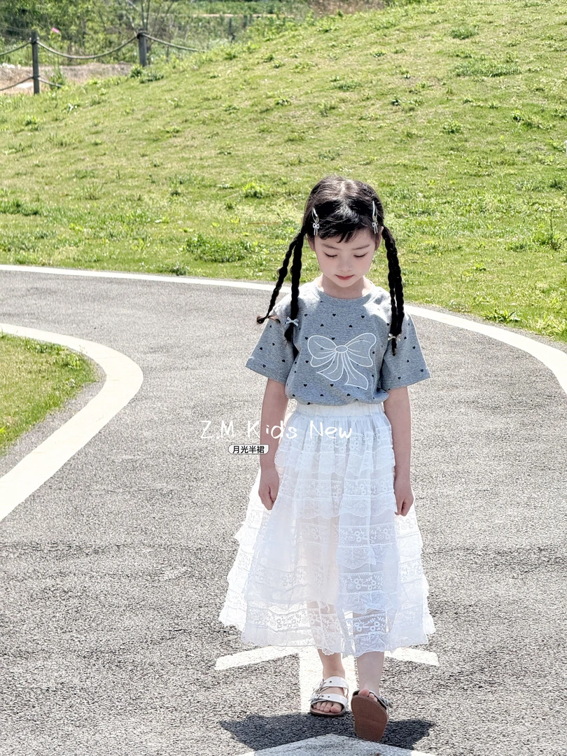 【月光】2025夏季儿童中长款半裙白色百搭蕾丝边女童半身裙B-58376