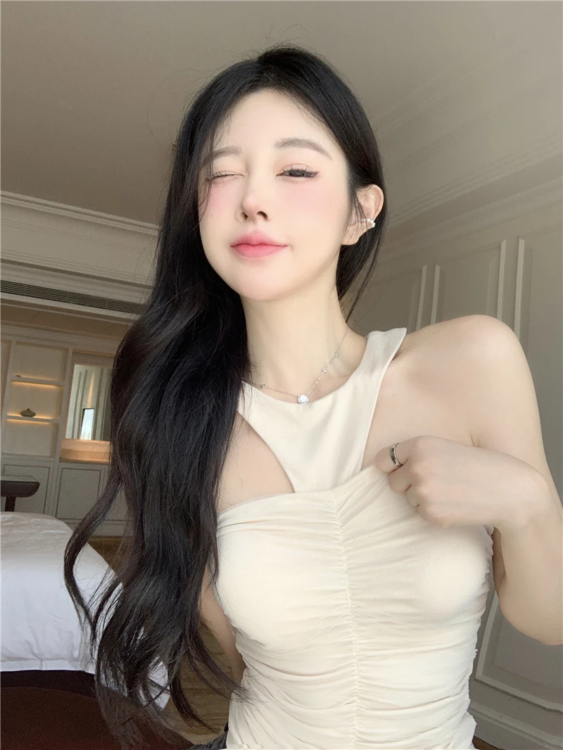 2025夏季新款时尚气质纯欲性感挂脖露肩网纱紧身收腰吊带背心