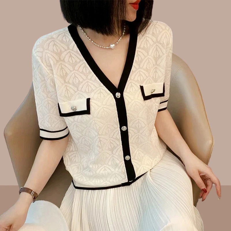 小香风撞色短袖针织开衫女2025夏季新款金属扣薄款领提花上衣服