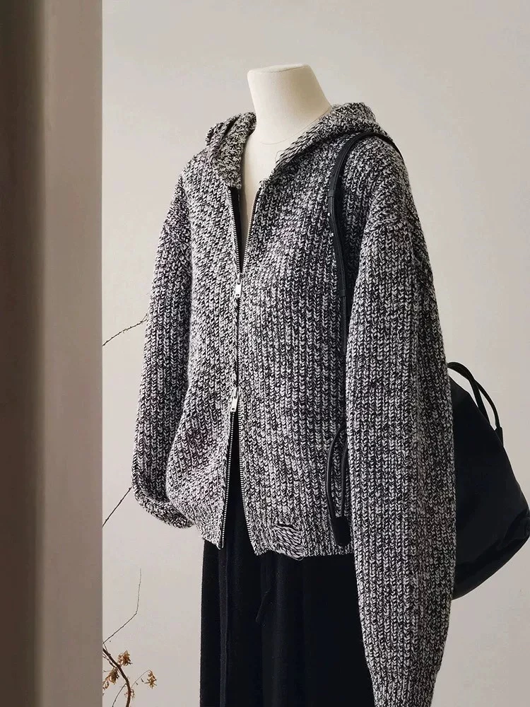 欧货重磅2025年秋季新款灰色连帽针织衫女装高级感穿搭漂亮9133