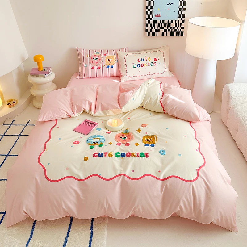 粉色纯棉刺绣四件套全棉三件套甜甜圈被套单人床单被罩女孩床上用