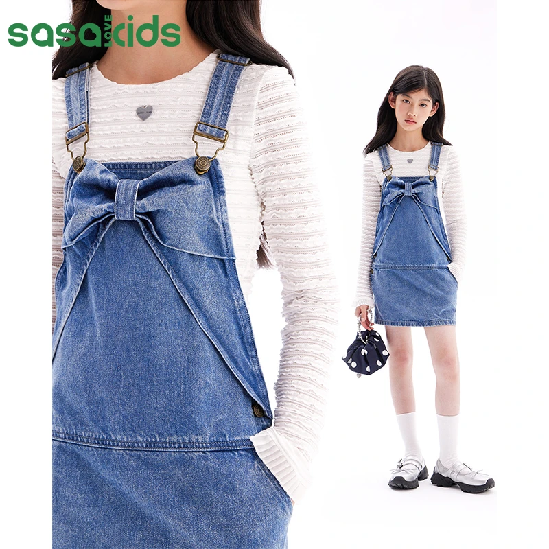 sasakids夏季美式复古A字莱赛尔牛仔蝴蝶结小个子背带连衣裙女童