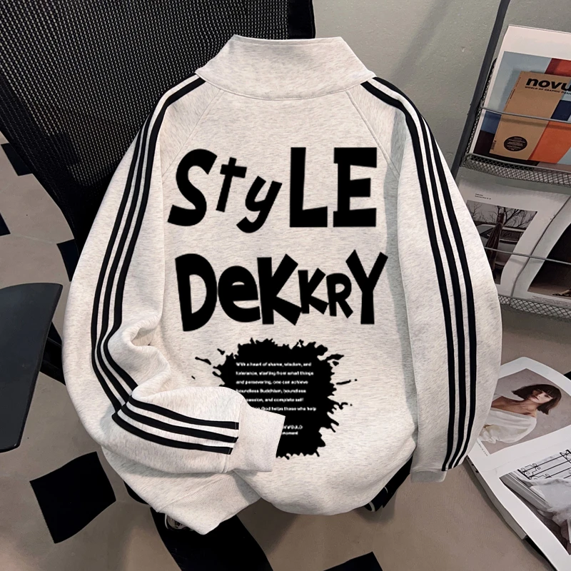 Dekkry潮流立领开衫三条杠卫衣男女秋冬设计字母印花百搭拉链外套