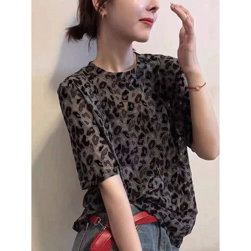 圆领豹纹中袖T恤衫女2025早秋新款韩版时尚印花气质百搭女装上衣
