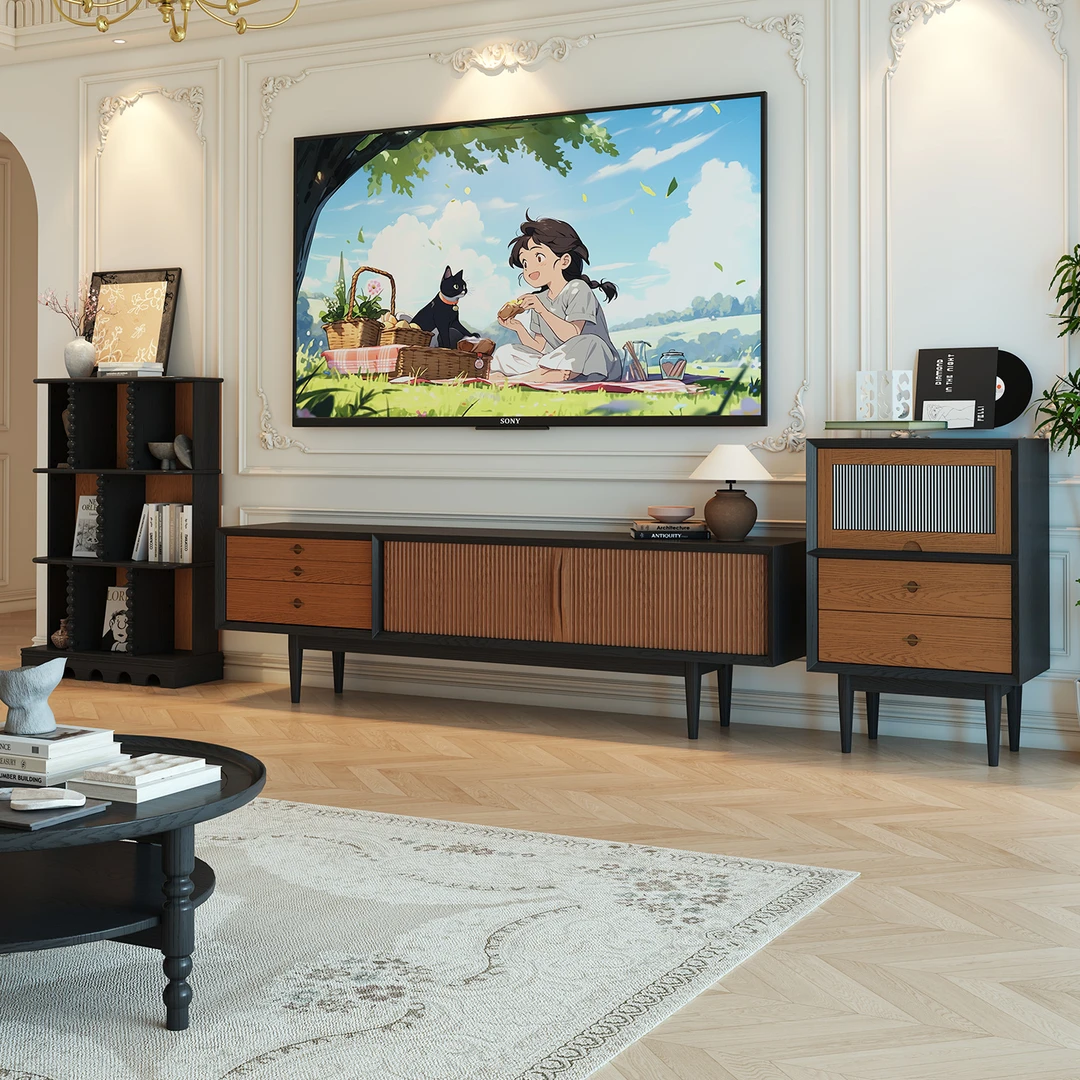 法式复古风白蜡木时慢电视柜黑色实木小户型客厅家用电视机柜