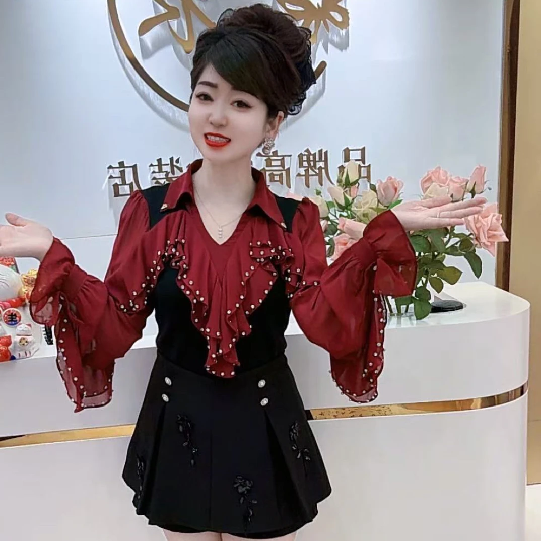 高级重工时尚百搭拼接钉珠荷叶边个性V领长袖针织衫