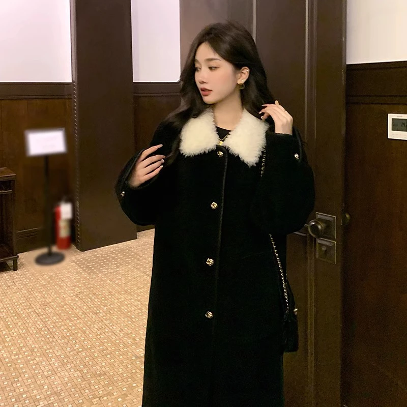 GPJ气质赫本风加厚中长款黑色大衣小香风超好看外套女冬季2025年