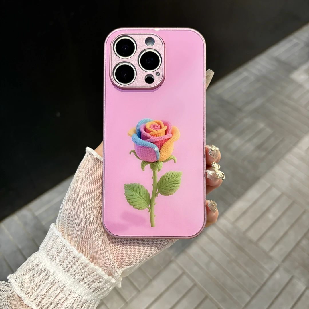 苹果/华为/oppo/vivo/小米 一朵玫瑰适用iPhone17/16玻璃手机壳