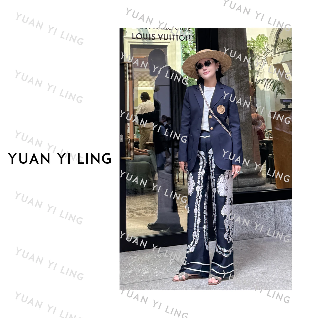 袁艺灵【爱马奢品】25夏季真丝印花高级感时尚直筒百搭阔腿裤  9110