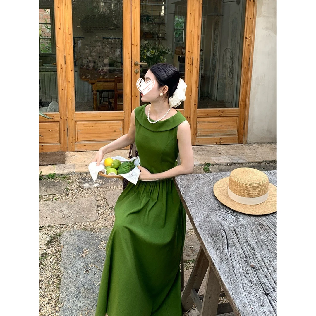 【绿调】法式复古无袖气质连衣裙女夏季优雅长裙