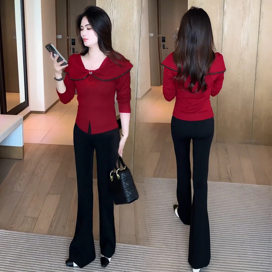 时尚洋气套装女2025秋季新款设计感T恤上衣显瘦百搭微喇裤两件套