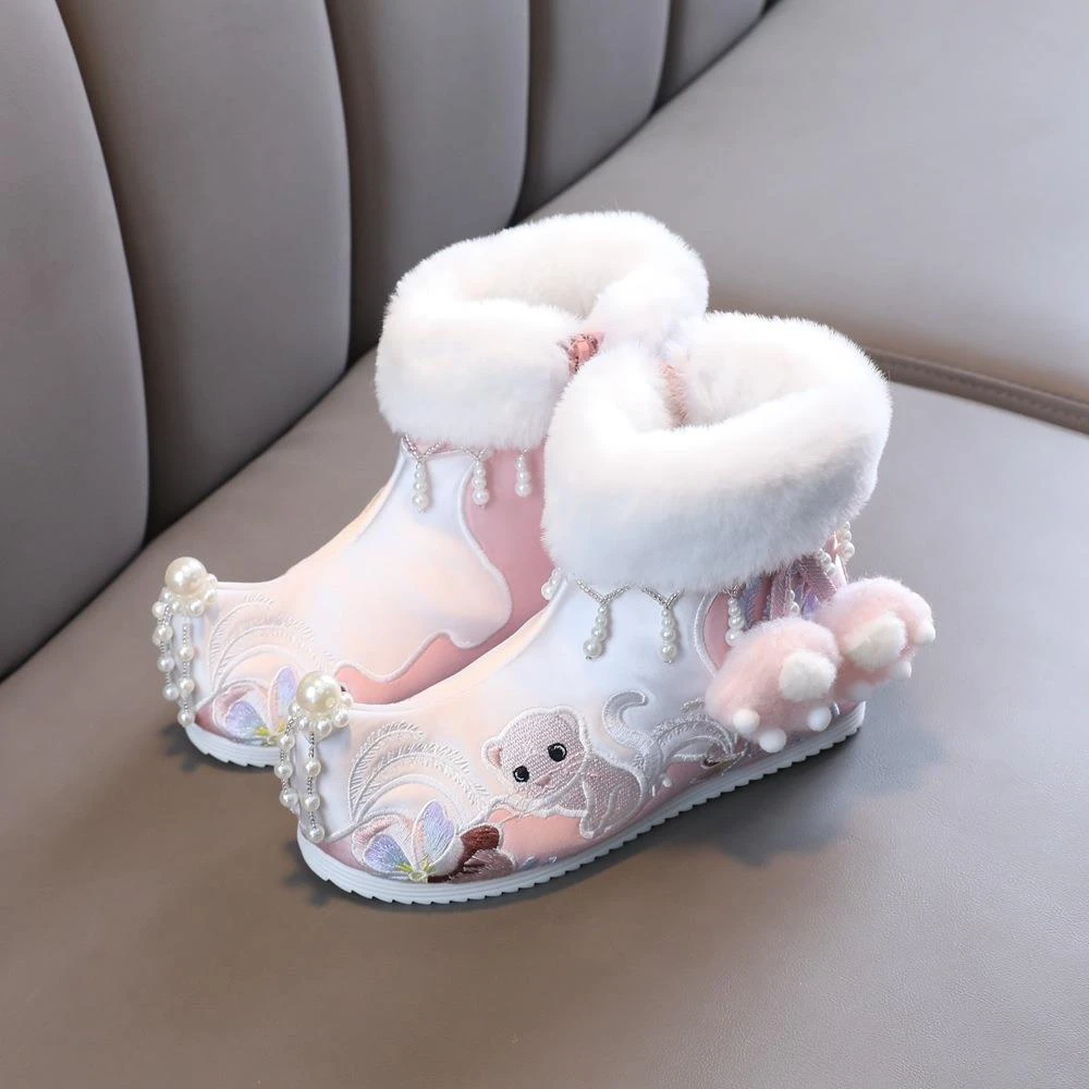 FAVMARTHA汉服女童鞋子秋冬加绒靴子儿童绣花鞋新款古风手工童靴