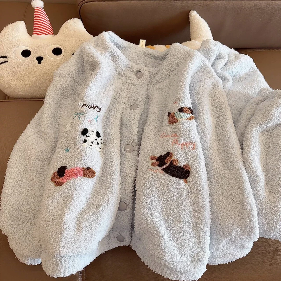 睡衣女秋冬法兰绒甜美可爱小狗刺绣冬天珊瑚绒加厚加绒少女家居服