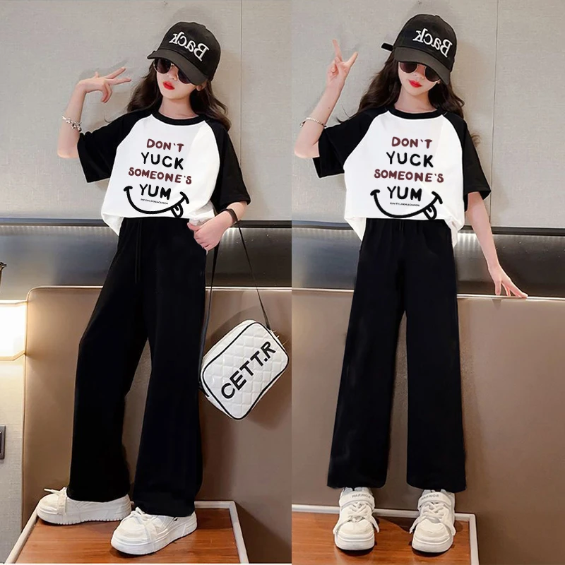 儿童套装女童洋气阔腿女孩中大童童装时尚夏季休闲时髦宽松两件套