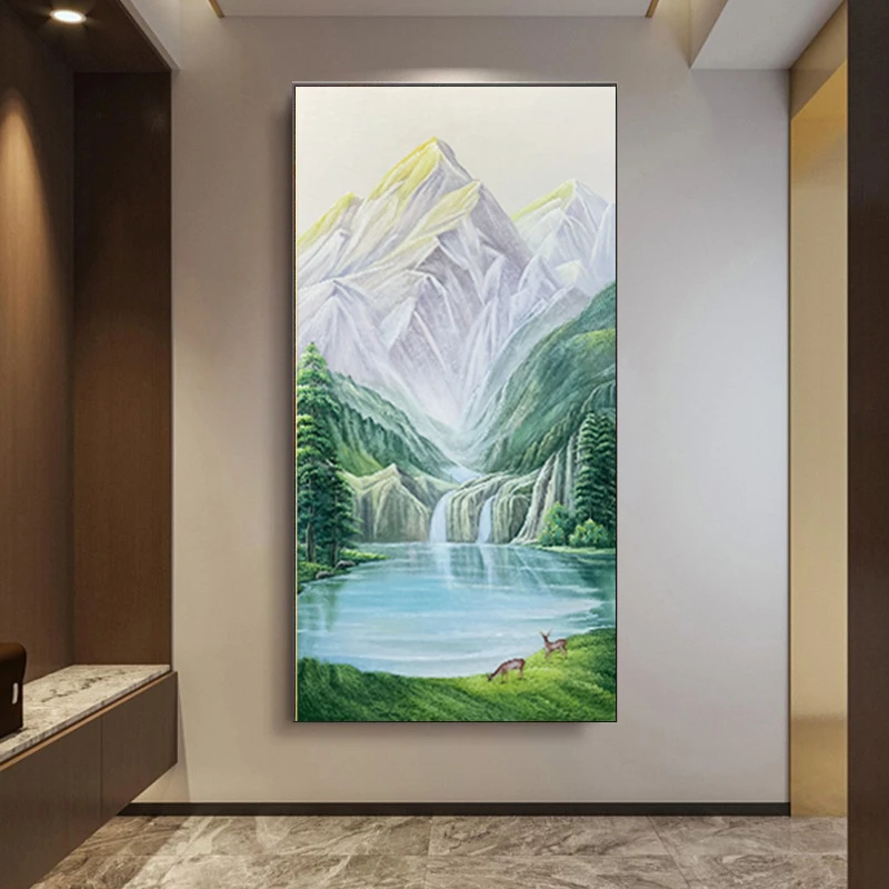 手绘油画日照金山玄关装饰画现代简约山水风景走廊过道聚宝盆挂画