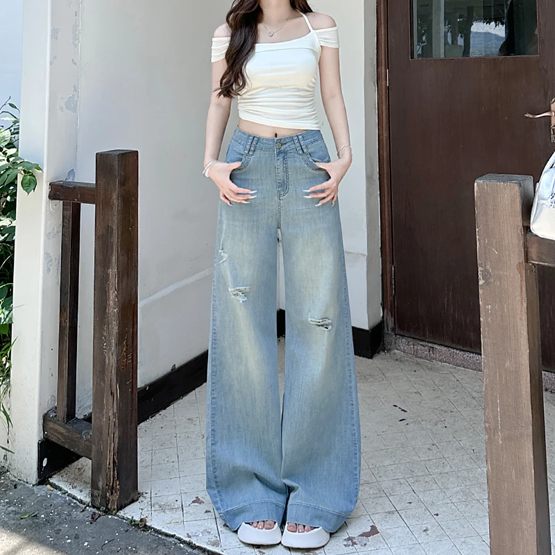 薄款破洞裤微喇牛仔裤女2025新款秋季高腰百搭洋气阔腿宽松牛仔裤