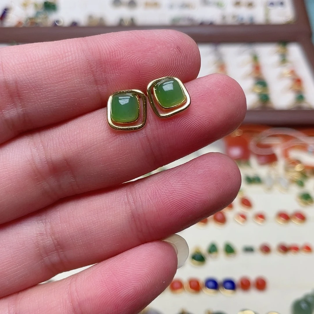 和田玉耳钉银S925镶嵌