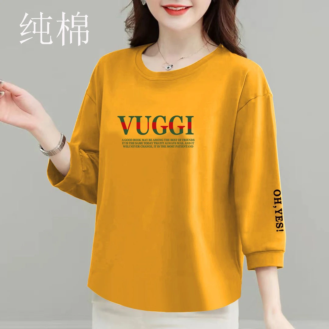 纯棉休闲时尚洋气新款七分袖韩版百搭上衣圆领体恤衫大码秋季t恤