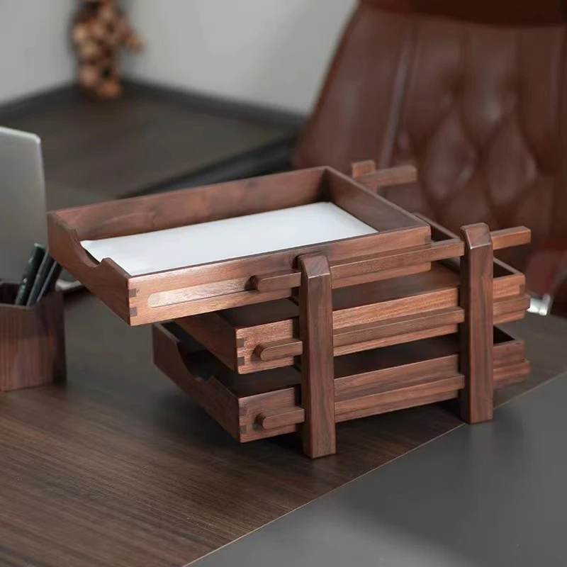 【新品】黑胡桃木实木办公室桌面抽屉柜收纳