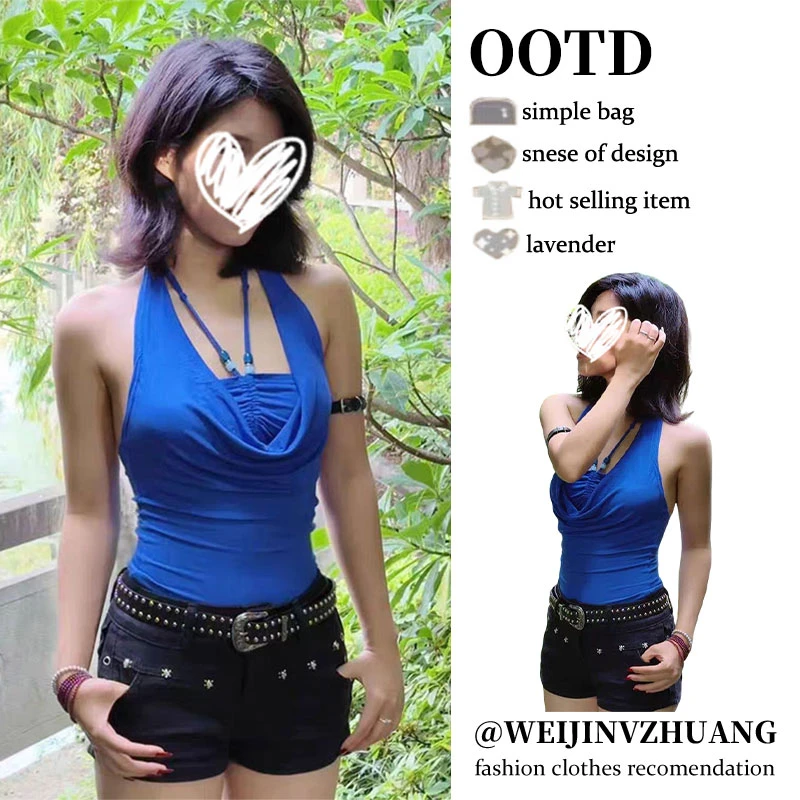 YIDENG纯欲串珠美背荡领挂脖吊带背心夏季无袖外穿设计感修身上衣