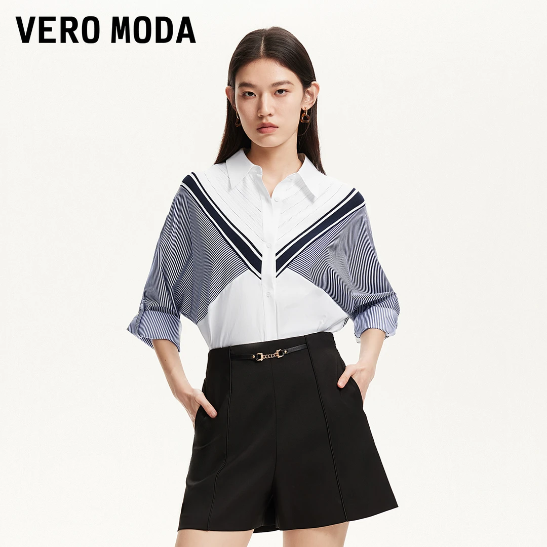 Vero Moda衬衫女2025夏日穿搭新款V字针织拼接弧形下摆325231016