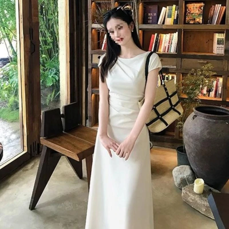 气质知性简约短袖连衣裙女夏季修身显瘦长短款裙子晚会白色时尚