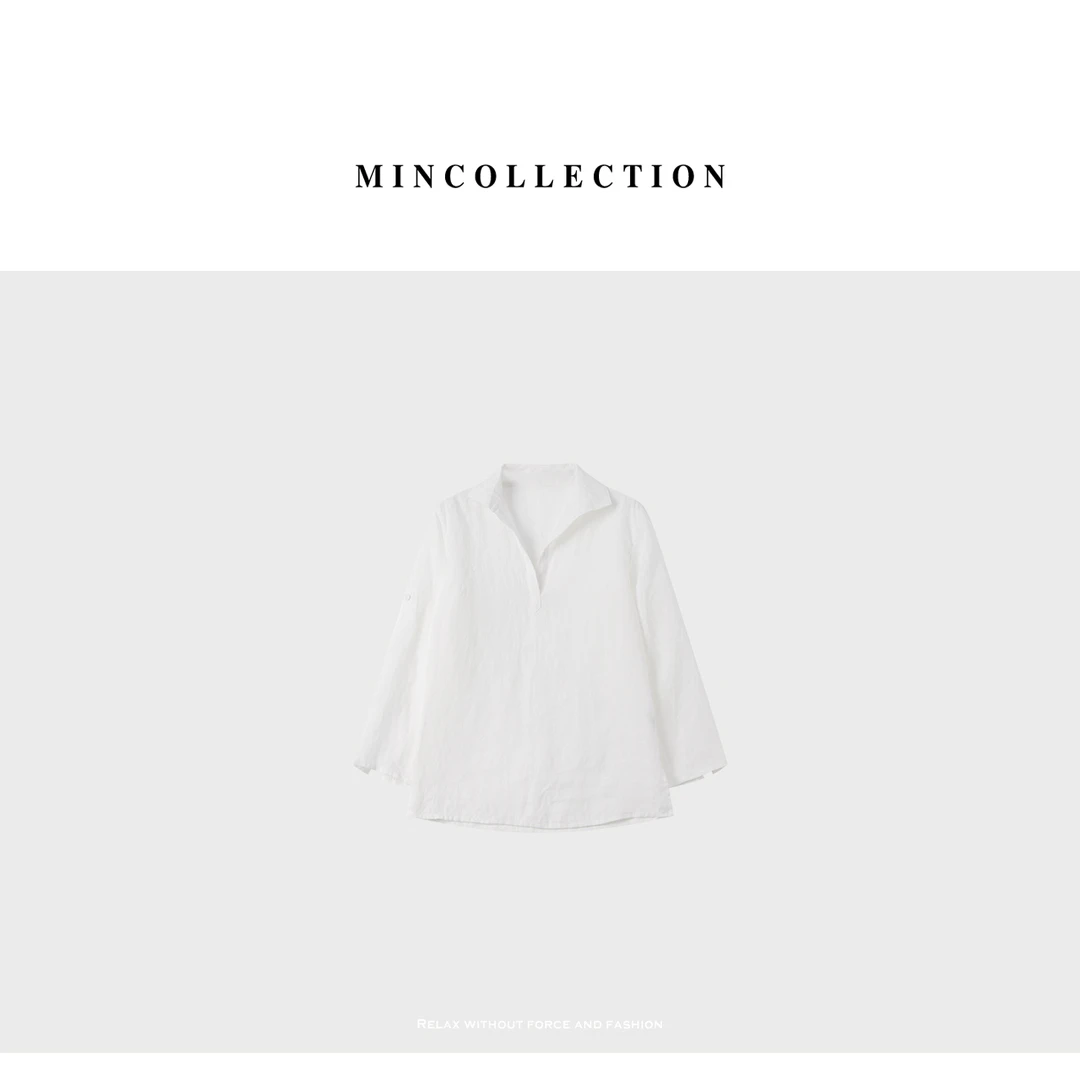 DE Mincollection翻领白衬衫/夏日法式通勤翻领全亚麻衬衫55635