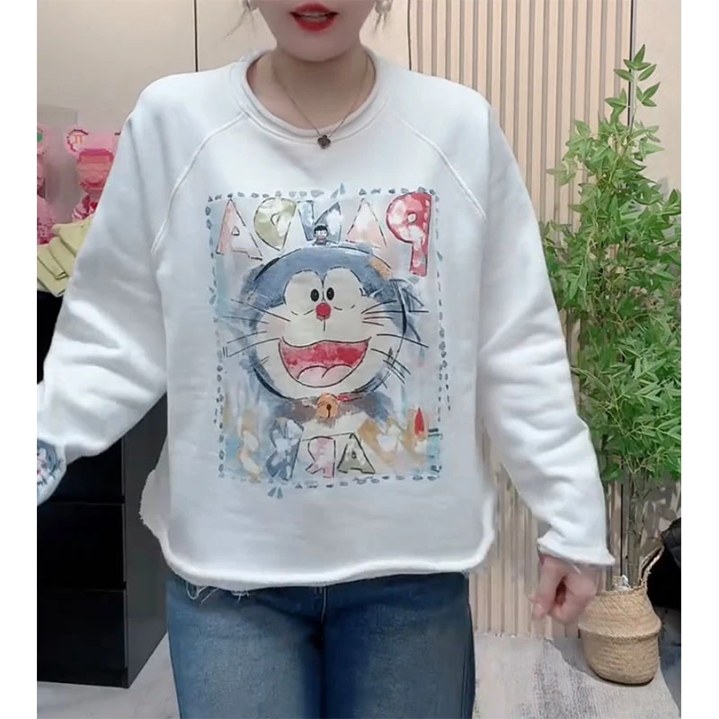 萱贝纯卡通印花圆领毛边卫衣女2026春季新款宽松显瘦套头上衣打底