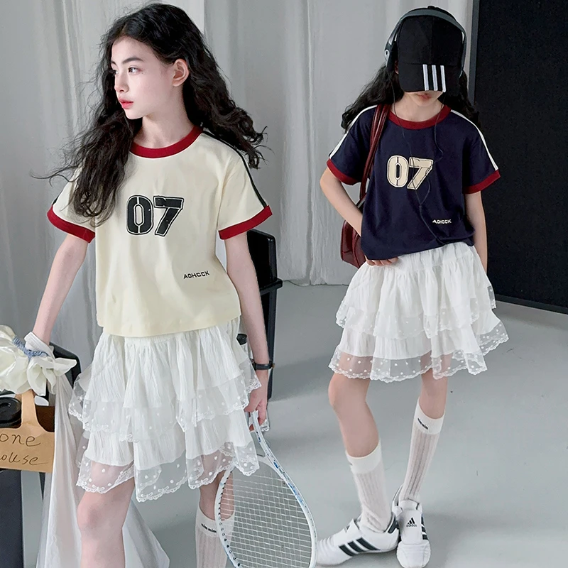 女童夏季套装2025新款儿童洋气时髦休闲潮酷蛋糕裙短袖T恤两件套