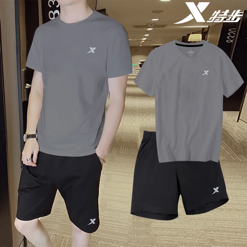 特步跑步运动套装男2025夏季透气短袖T恤男士速干短裤薄款运动服