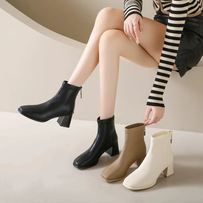 2025真皮特价女鞋方头黑色皮靴靴子厚款中跟单靴高跟法式马丁靴
