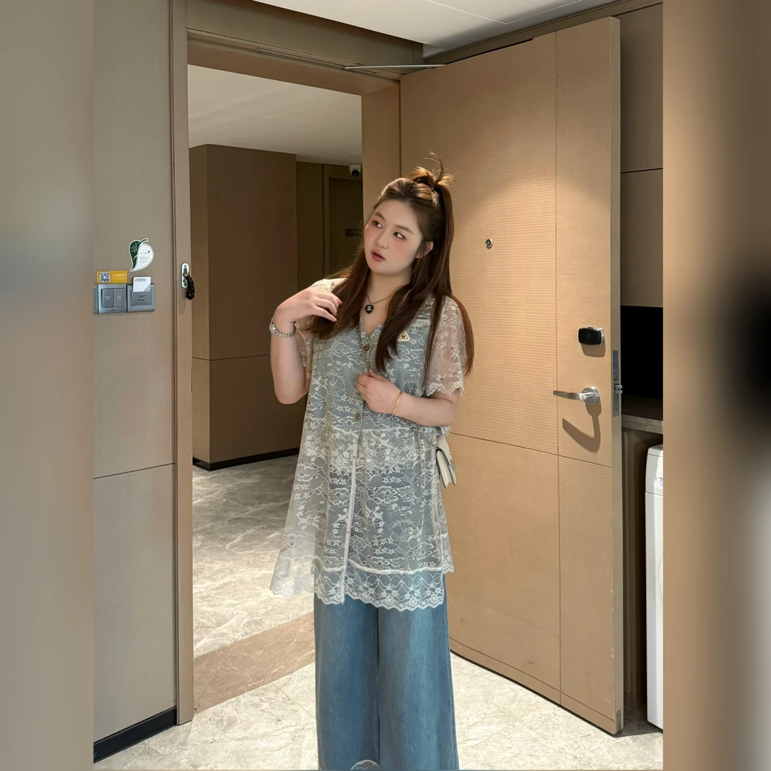 楠序微胖女装 重磅蕾丝法式小香风上衣牛仔裤夏季显瘦套装YZ36628