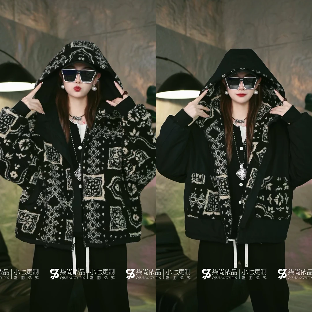 【小七定制】冬季新款两面双穿颗粒绒复古宽松连帽外套上衣3727