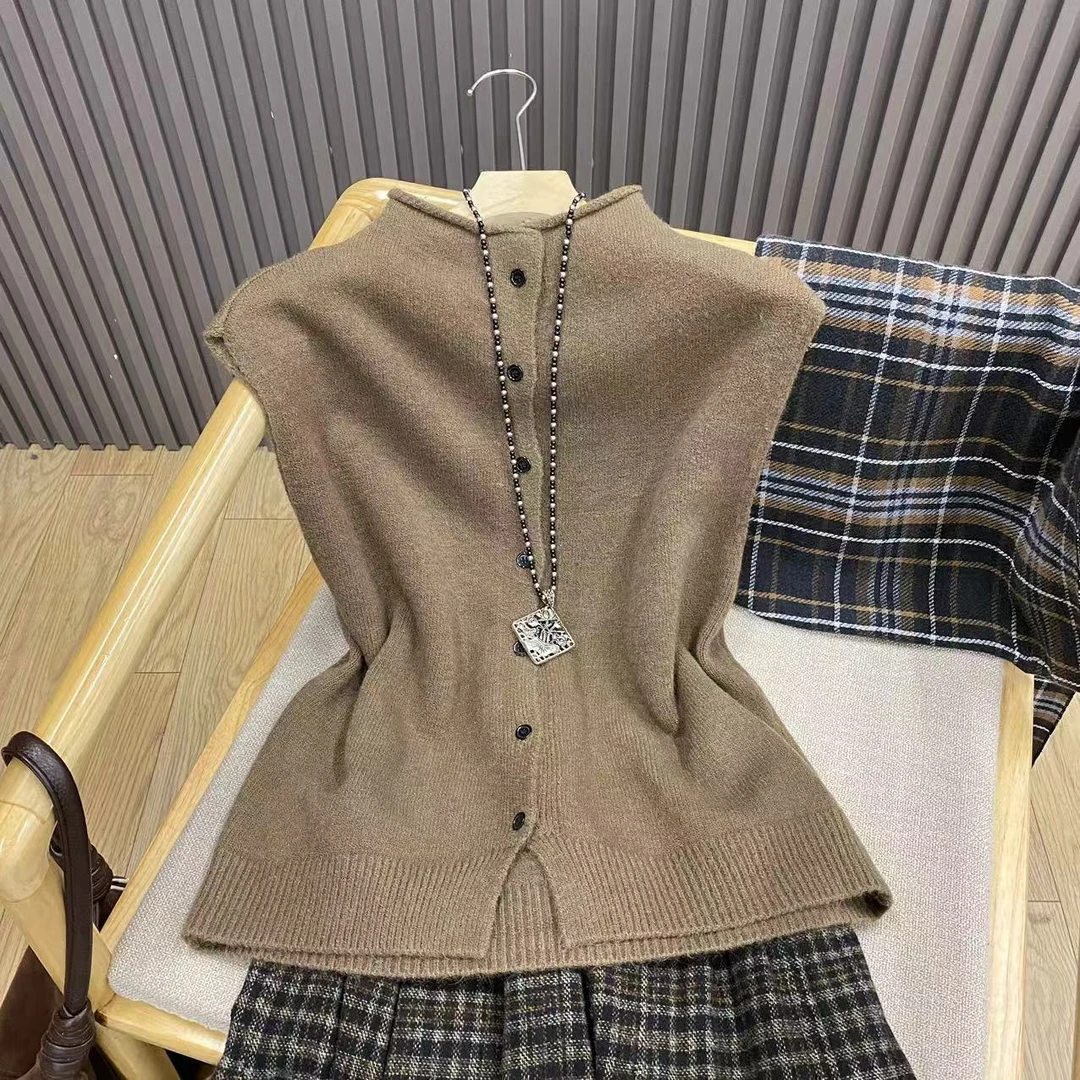 卷边半高领排扣开叉针织马甲叠穿百搭纯色无袖马甲背心女Z1029