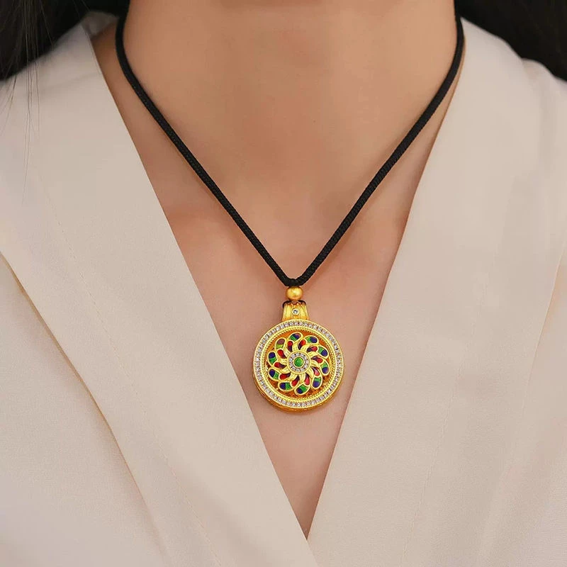 非金属布艺项链 国风八宝罗盘编织绳项链时尚旋转百搭珐琅毛衣链