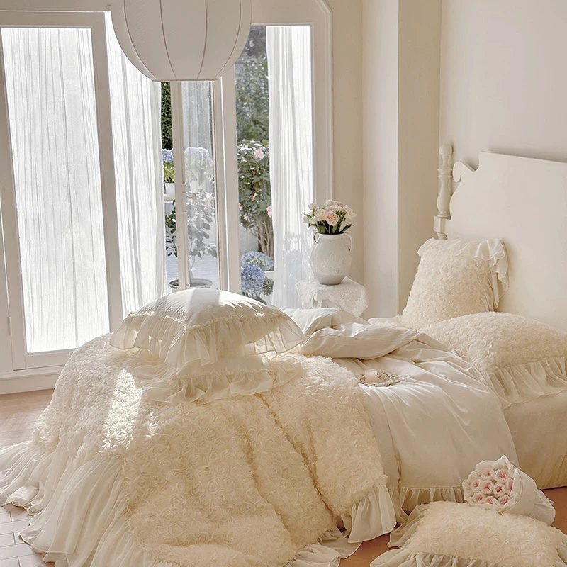 果果【玫瑰公主】法式公主风工艺款高克重牛奶绒花边加厚四件套轻奢