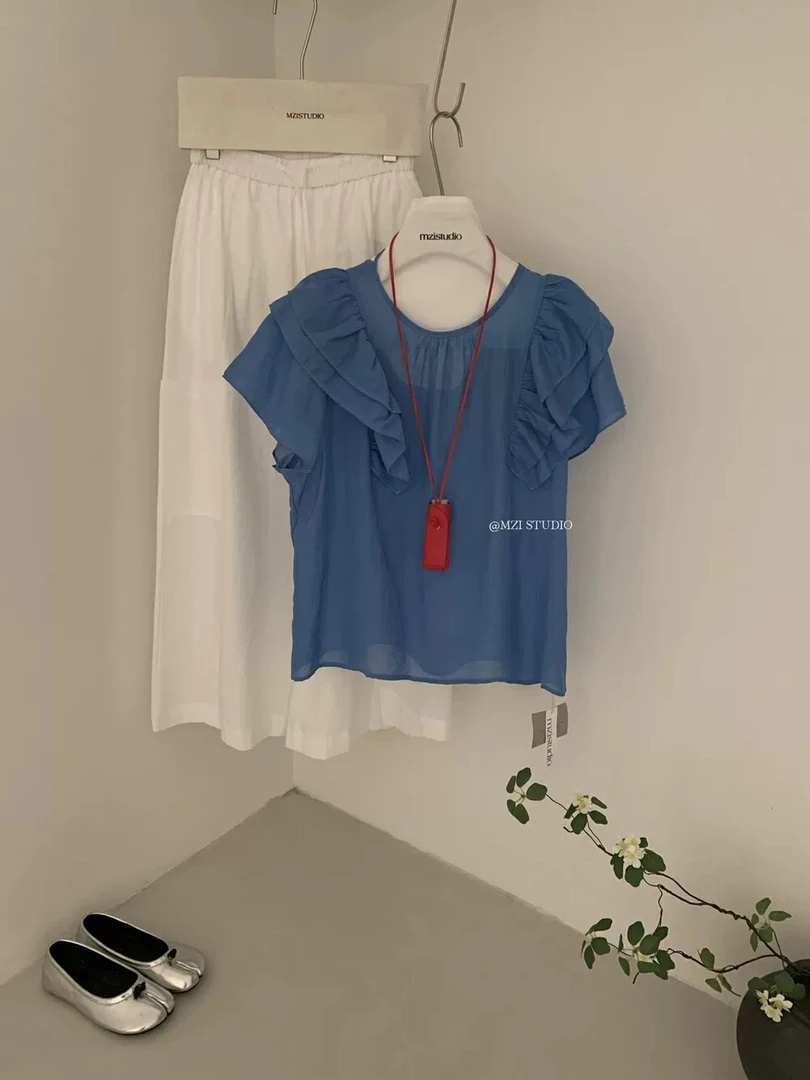 美美推荐99080 法式小众设计荷叶边衬衫女士夏季百搭显瘦纯色上衣