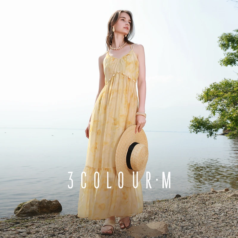 林一专属1083三彩2025夏季新款飘带连衣裙度假风吊带裙贝壳收dbq