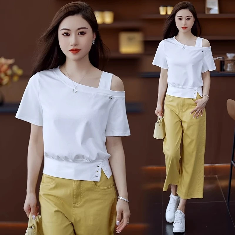 白色侧开叉露肩短袖T恤女2025夏季新款洋气百搭短款小个子打底衫