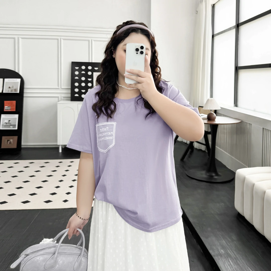 DX7720大码女装【超好看韩系T】蕾丝口袋拼接短袖T恤夏季圆领上衣