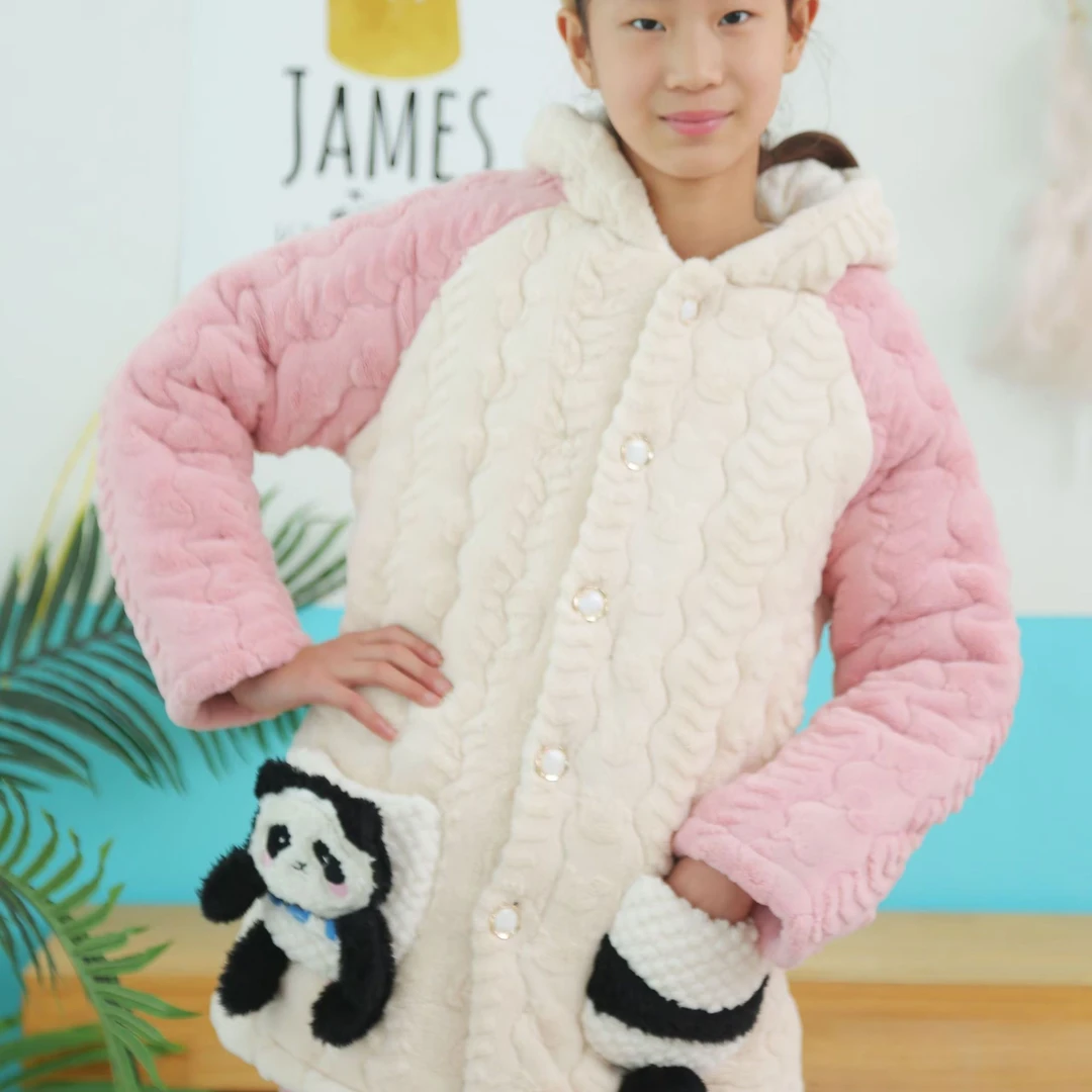 冬季女童夹棉睡衣三层加厚加绒家居服连帽套装